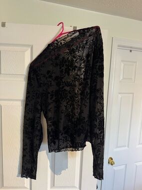 Sheer Black Floral Velvet Burnout Long Sleeve Top